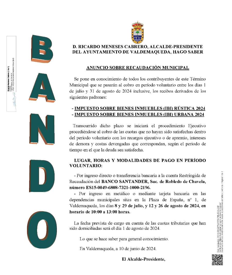 Bando: aprobados los padrones fiscales y liquidaciones del impuesto sobre bienes inmuebles rústicos y urbanos del ejercicio 2024